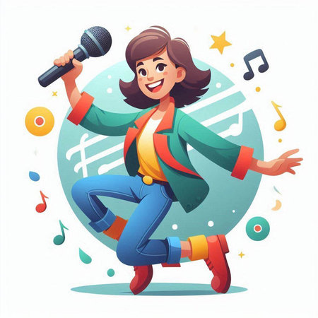 Cartoon woman singing karaoke with microphone. Vector illustration.のイラスト素材