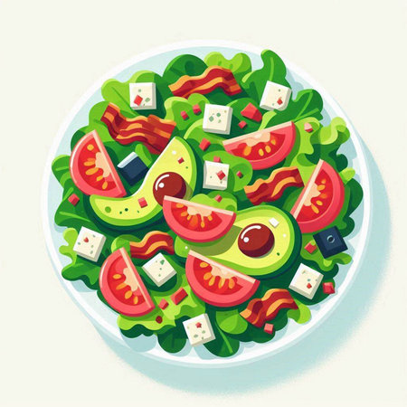 Salad with tomato, cucumber and cheese. Vector illustration.のイラスト素材