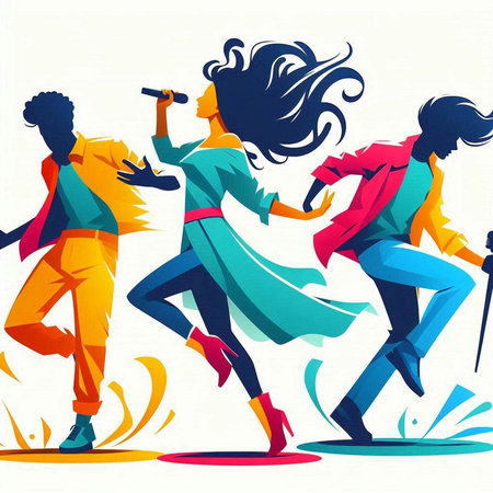 Vector illustration of a group of young people dancing and having fun.のイラスト素材