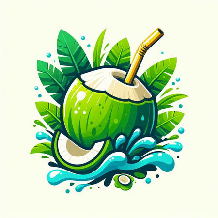 Coconut water logo. Vector illustration of fresh coconut with green leaves.のイラスト素材