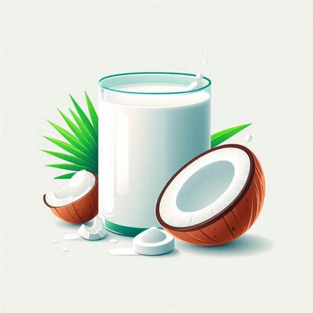 Vector illustration of a glass of fresh coconut milk with coconut and palm leafのイラスト素材