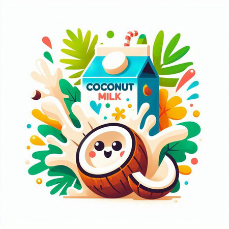Coconut milk splash with cute cartoon character. Vector illustration.のイラスト素材