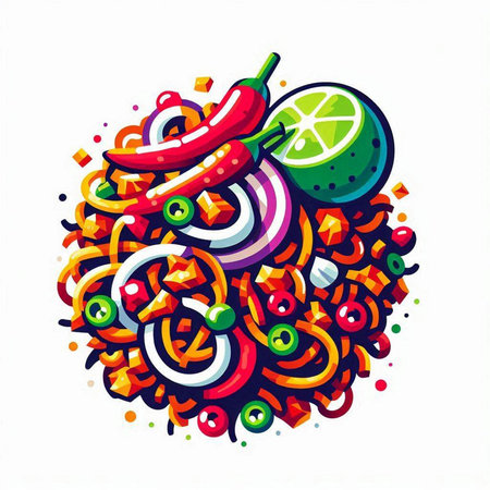 Illustration of colorful mexican food background with chili pepper and limeのイラスト素材