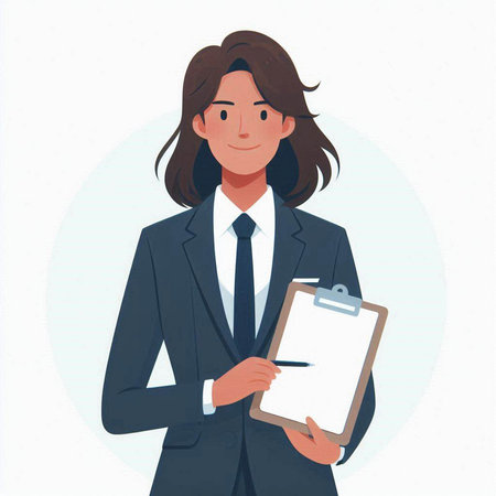 Businesswoman with clipboard. Vector illustration in a flat style on a white background.のイラスト素材