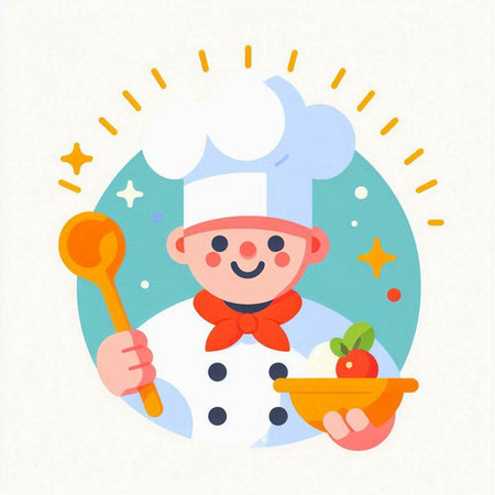 Chef with ladle and bowl. Vector illustration in flat styleのイラスト素材