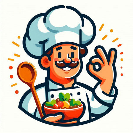 Chef with bowl of salad in his hand, vector illustration.のイラスト素材
