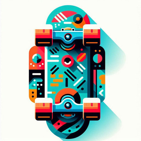 Abstract colorful geometric background with skateboard. Vector illustration in modern styleのイラスト素材