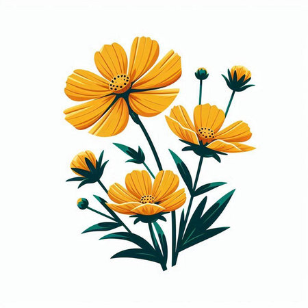 Beautiful yellow cosmos flowers isolated on white background. Vector illustration.のイラスト素材