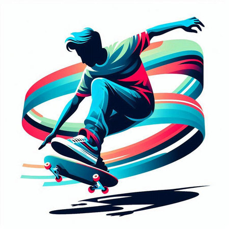 illustration of a skateboarder on a background of colorful stripesのイラスト素材