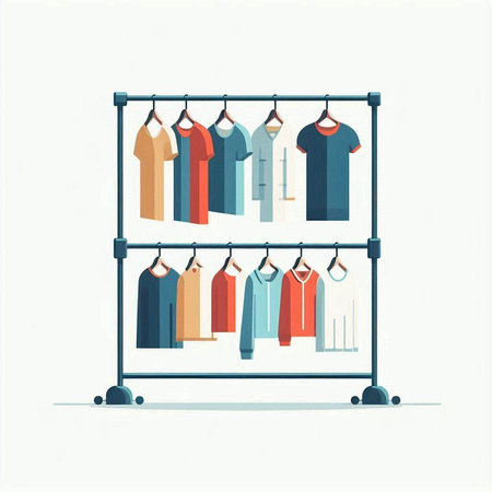 Clothes rack with different clothes. Vector illustration in flat style.のイラスト素材