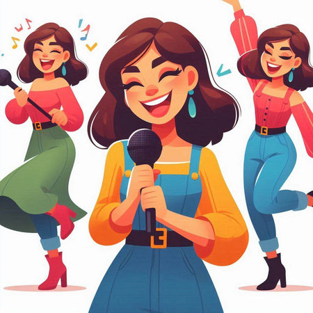 Happy girls singing karaoke. Smiling young women singing karaoke. Vector illustrationのイラスト素材