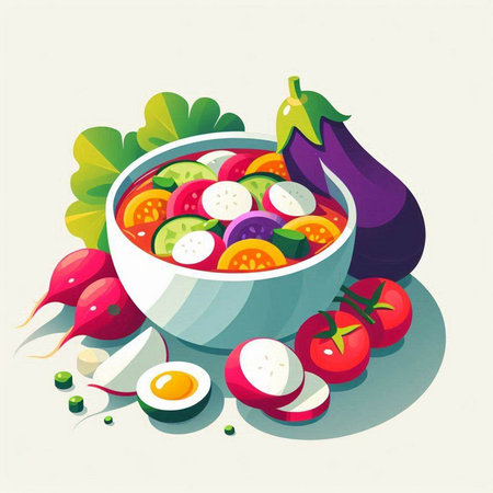 Vegetable salad with egg and radish. Vector illustration.のイラスト素材