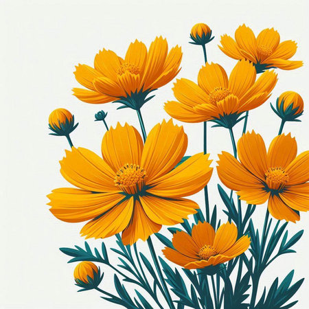 Beautiful cosmos flowers on a white background. Hand drawn vector illustration.のイラスト素材
