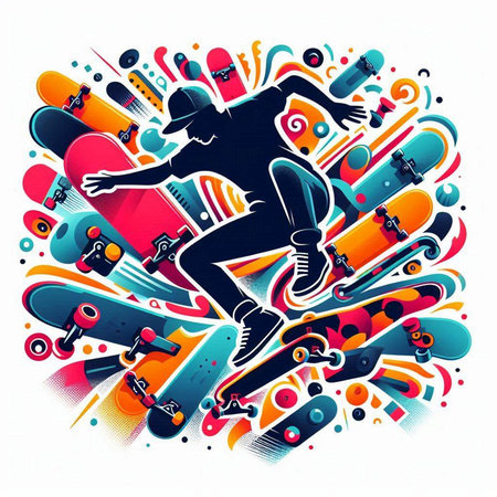 Skateboarder with skateboard on colorful background. Vector illustration.のイラスト素材