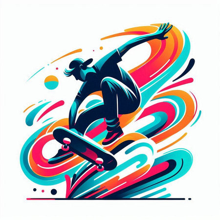 Vector illustration of a skateboarder jumping on a colorful background.のイラスト素材