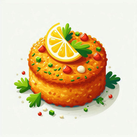 Illustration of a delicious fish cake with lemon and parsley.のイラスト素材