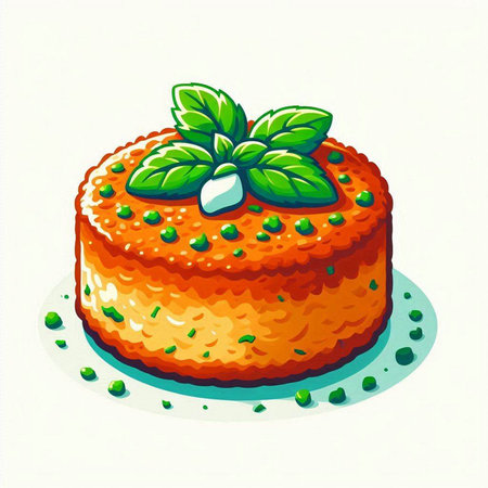 Illustration of a delicious cake decorated with mint leaves on a white backgroundのイラスト素材