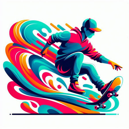 Skateboarder rides on the colorful background. Vector illustration.のイラスト素材