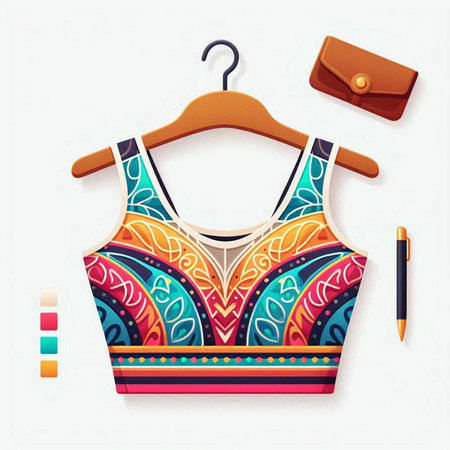 Women's clothing on hanger, sketchbook and pen. Vector illustration.のイラスト素材