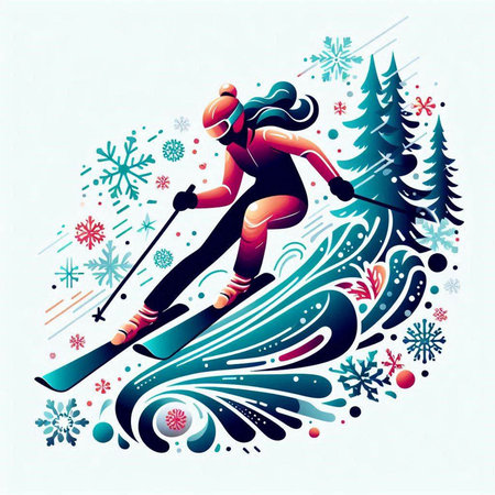 Vector illustration of girl skiing in winter forest. Sport and recreation.のイラスト素材