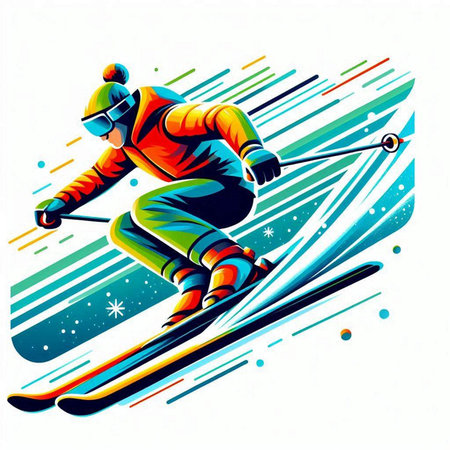 Vector illustration of a skier on a background of colored stripes.のイラスト素材