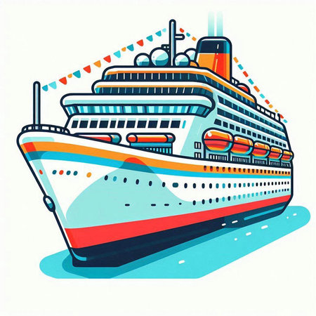 Cruise ship on the water. Vector illustration in flat style.のイラスト素材