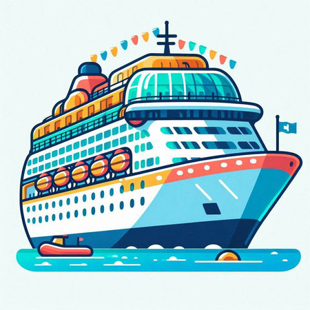 Cruise ship on the water. Vector illustration in cartoon style.のイラスト素材