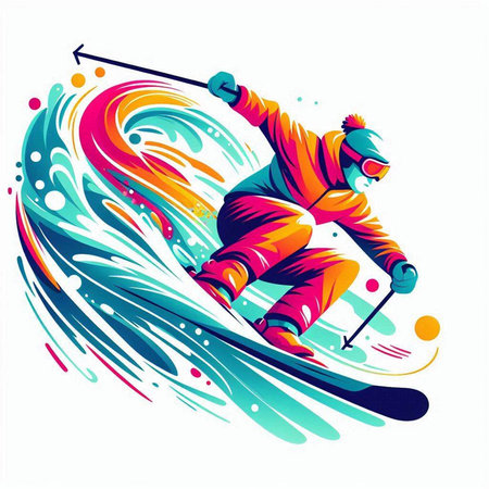 Vector illustration of a skier jumping in the air with colorful backgroundのイラスト素材