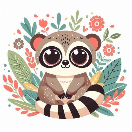 Cute cartoon lemur with flowers and leaves. Vector illustration.のイラスト素材