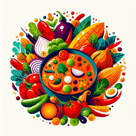 Vector illustration of vegetable soup with tomato, onion, carrot, cucumber and bell pepper.のイラスト素材