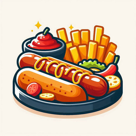 Hot dog with french fries and ketchup. Fast food vector illustrationのイラスト素材