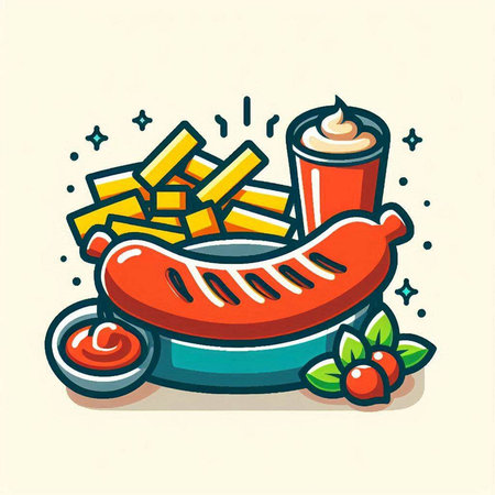 Vector illustration of fast food. Grilled sausages, french fries and ketchup.のイラスト素材