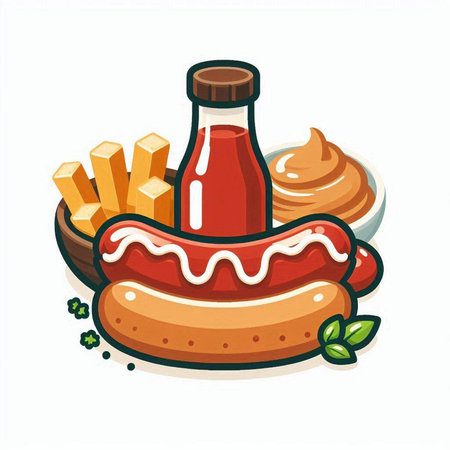 Illustration of hot dog, french fries and ketchup on white backgroundのイラスト素材