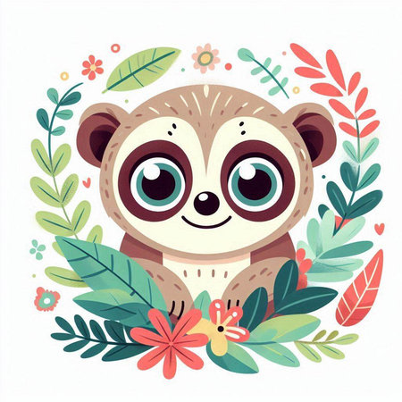 Cute cartoon lemur with flowers and leaves. Vector illustration.のイラスト素材