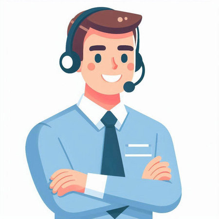 Smiling call center operator in headset standing with crossed arms. Vector illustration in flat cartoon style.のイラスト素材