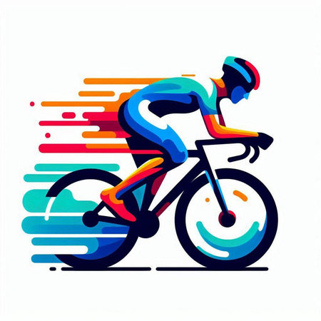 Cyclist vector illustration. Cyclist riding a bicycle on a background of colored stripes.のイラスト素材