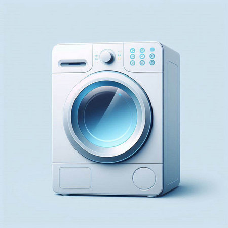 Washing machine isolated on blue background. 3d render illustration.のイラスト素材