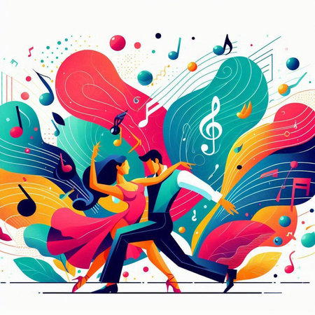 Couple dancing on colorful musical background. Vector illustration for your designのイラスト素材