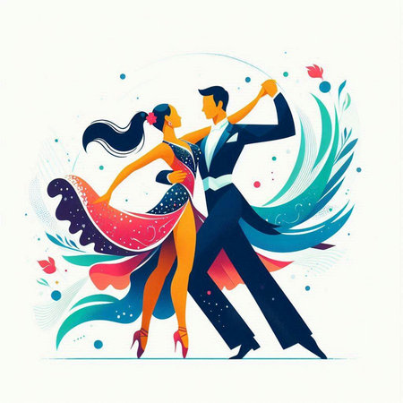 Couple dancing tango on abstract floral background. Vector illustration.のイラスト素材