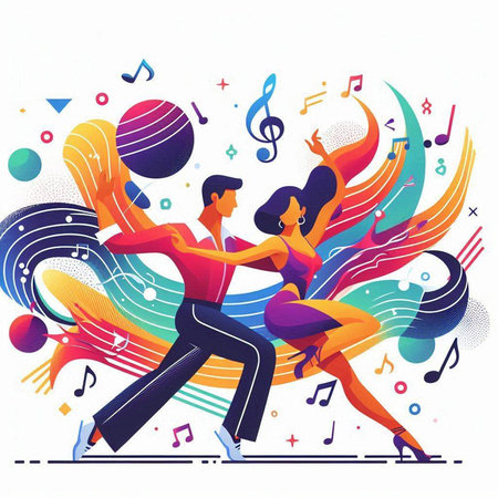Couple dancing tango on colorful music background. Vector illustration.のイラスト素材