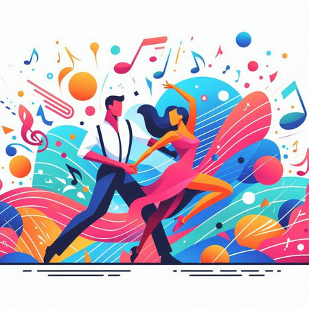 couple dancing tango on colorful background with music notes vector illustrationのイラスト素材