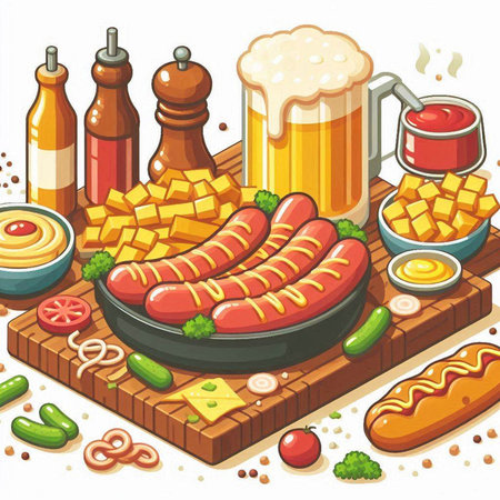 Fried sausages on a wooden board with beer. Vector illustrationのイラスト素材