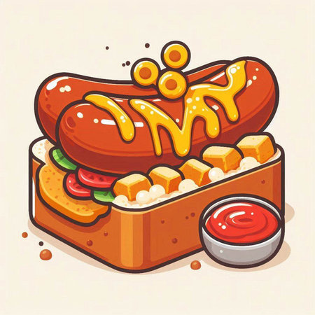 Sandwich with hot dog and ketchup. Vector cartoon illustration.のイラスト素材