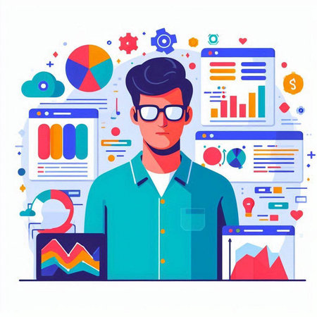 Young man in glasses and blue shirt working on laptop with infographics. Flat vector illustration.のイラスト素材