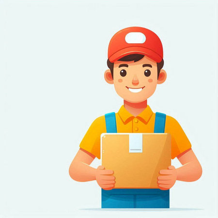 Delivery man holding parcel box. Vector illustration in flat cartoon style.のイラスト素材