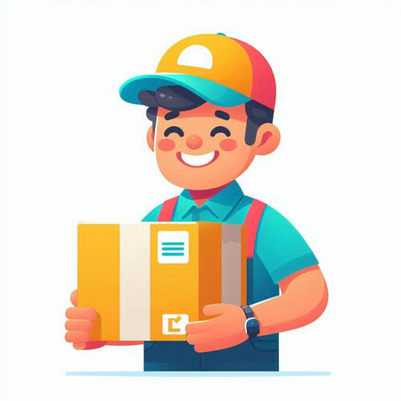 Cartoon delivery man in uniform and cap holding parcel box. Vector illustrationのイラスト素材