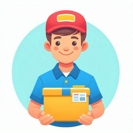Delivery man with parcel in hands. Vector illustration in cartoon style.のイラスト素材