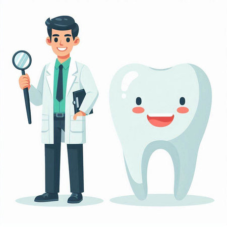 Cartoon dentist character with tooth and magnifying glass. Vector illustration.のイラスト素材