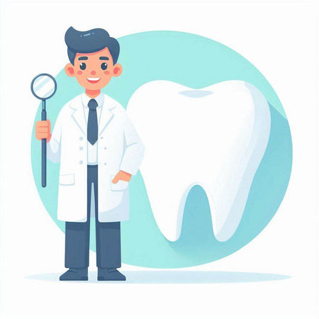 Dentist with tooth. Dentist holding a magnifying glass. Vector illustrationのイラスト素材