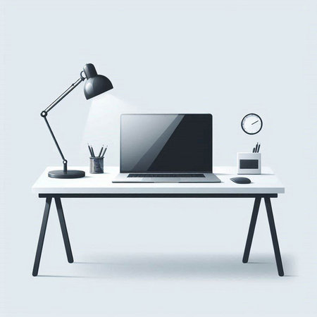 Modern workplace with computer, lamp and other items. Vector illustration.のイラスト素材